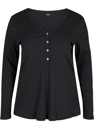 Long sleeve ribbed blouse with button detailing, Black, Packshot image number 0