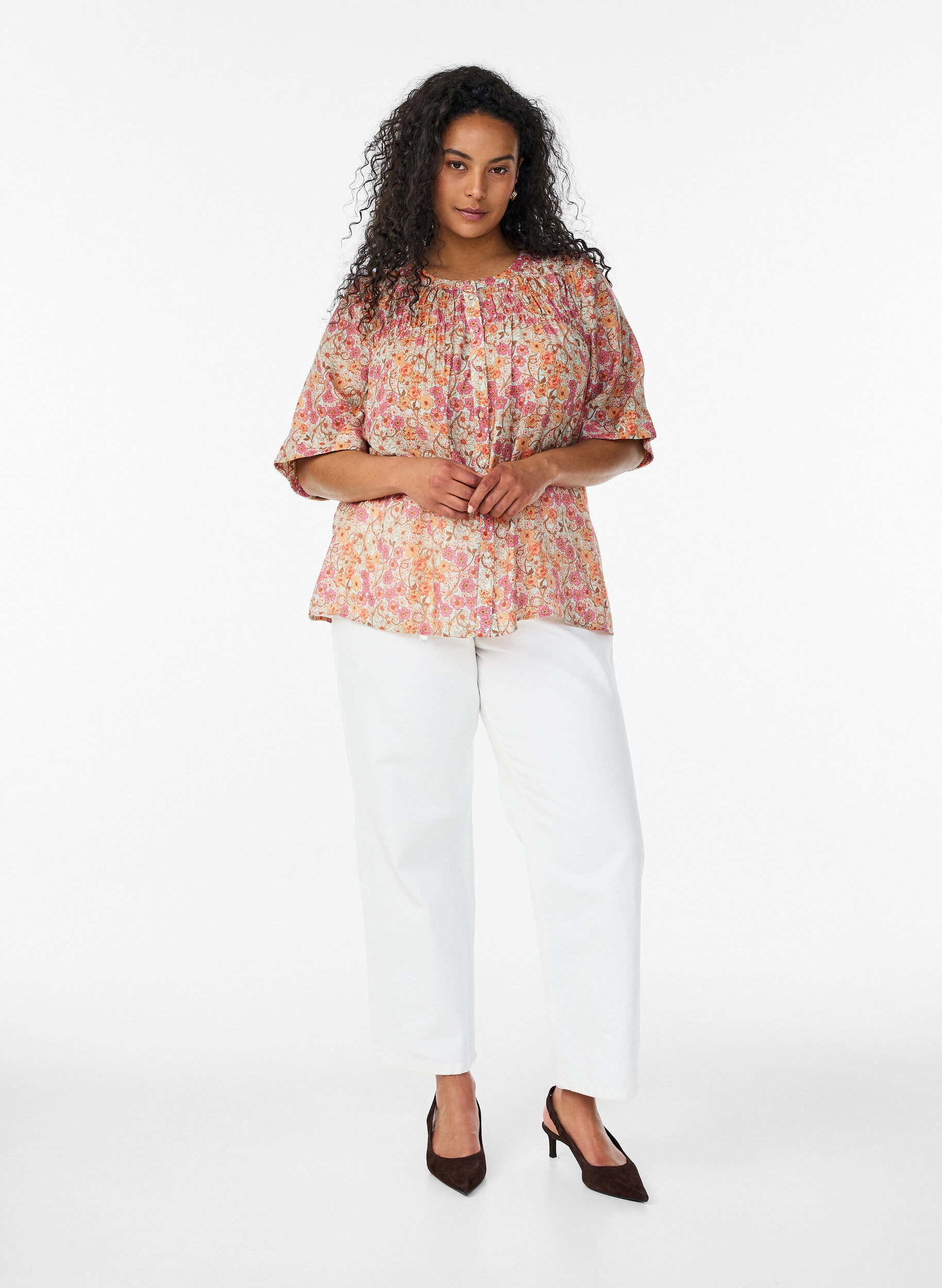 Zizzifashion Floral print viscose blouse, Orange, Model image number 1