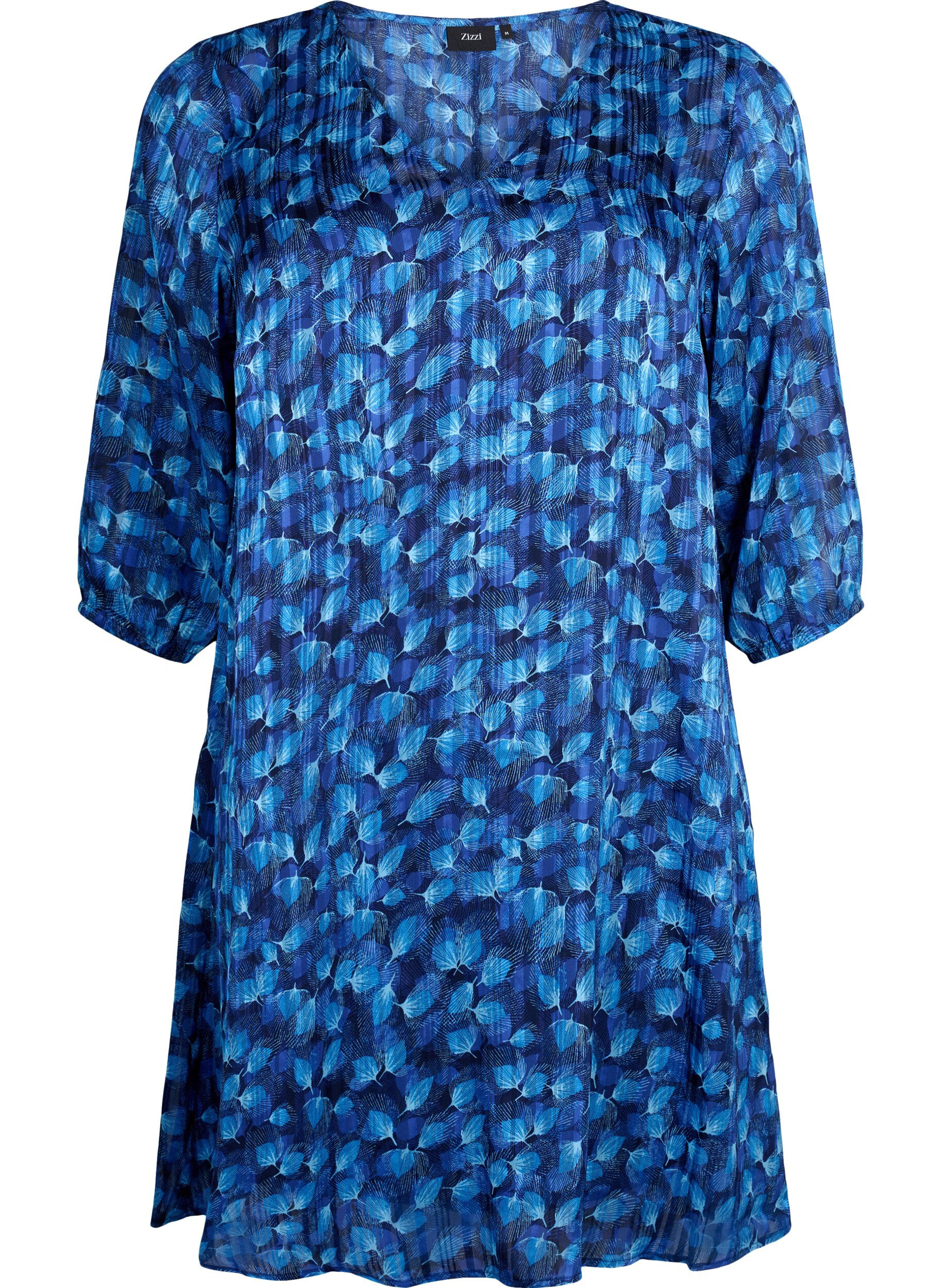 Zizzifashion Printed dress with v-neck and 3/4 sleeves, Navy Blazer Leaf AOP, Packshot image number 0
