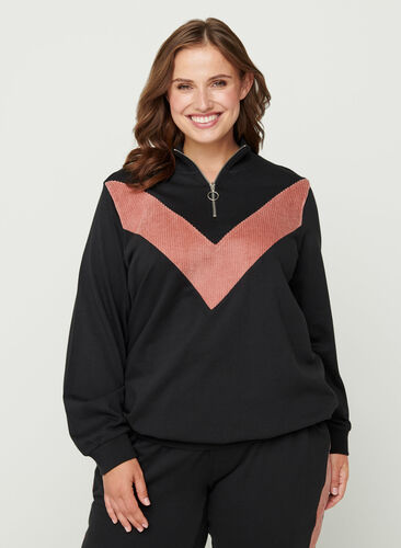 Sweatshirt with zip, Black w. Burlwood, Model image number 0