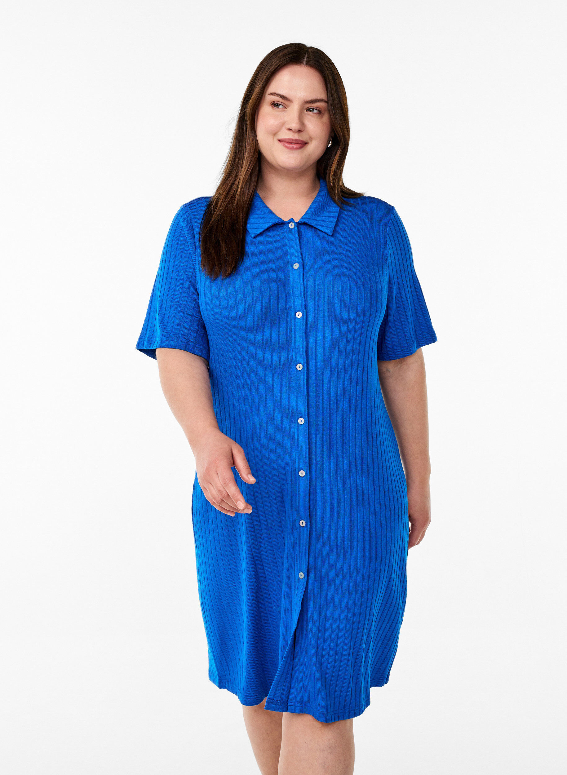 Zizzifashion Knee-length jersey shirt dress with short sleeves, Blue, Model image number 0