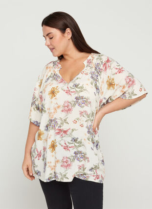 Short-sleeved viscose blouse with a floral print, Creme Vintage Flower, Model image number 0