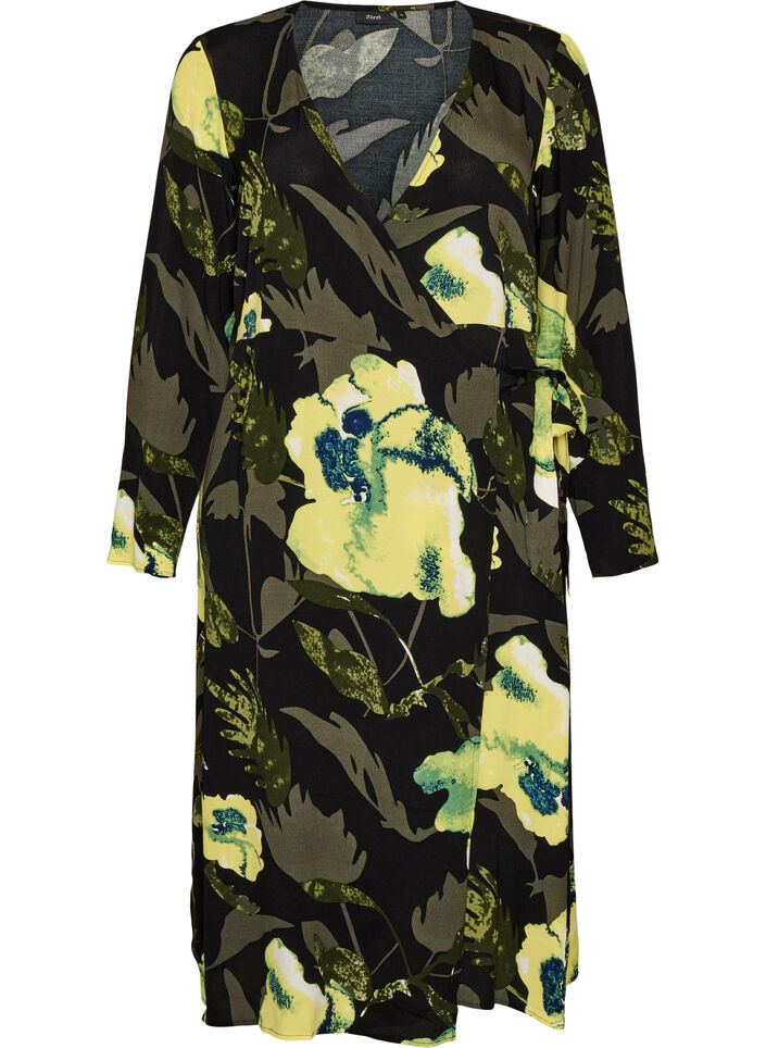 Floral wrap dress in viscose with a tie belt, Black, Packshot image number 0