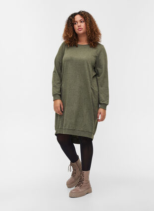 Marled sweatshirt dress with pockets, Ivy Green, Model image number 2