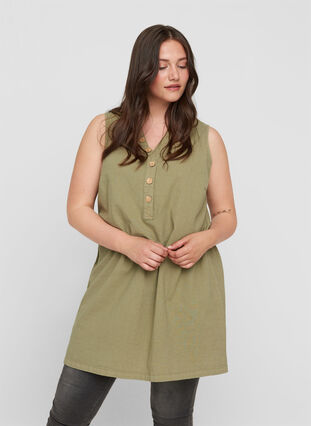 Sleeveless cotton tunic with buttons, Aloe, Model image number 0
