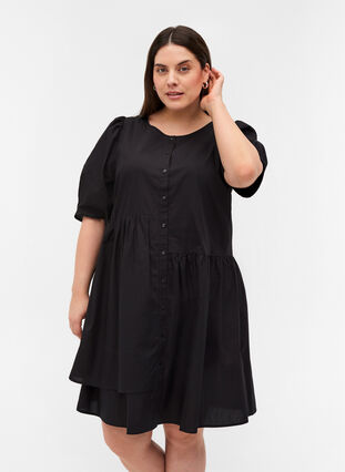 Cotton shirt dress with puff sleeves, Black, Model image number 0