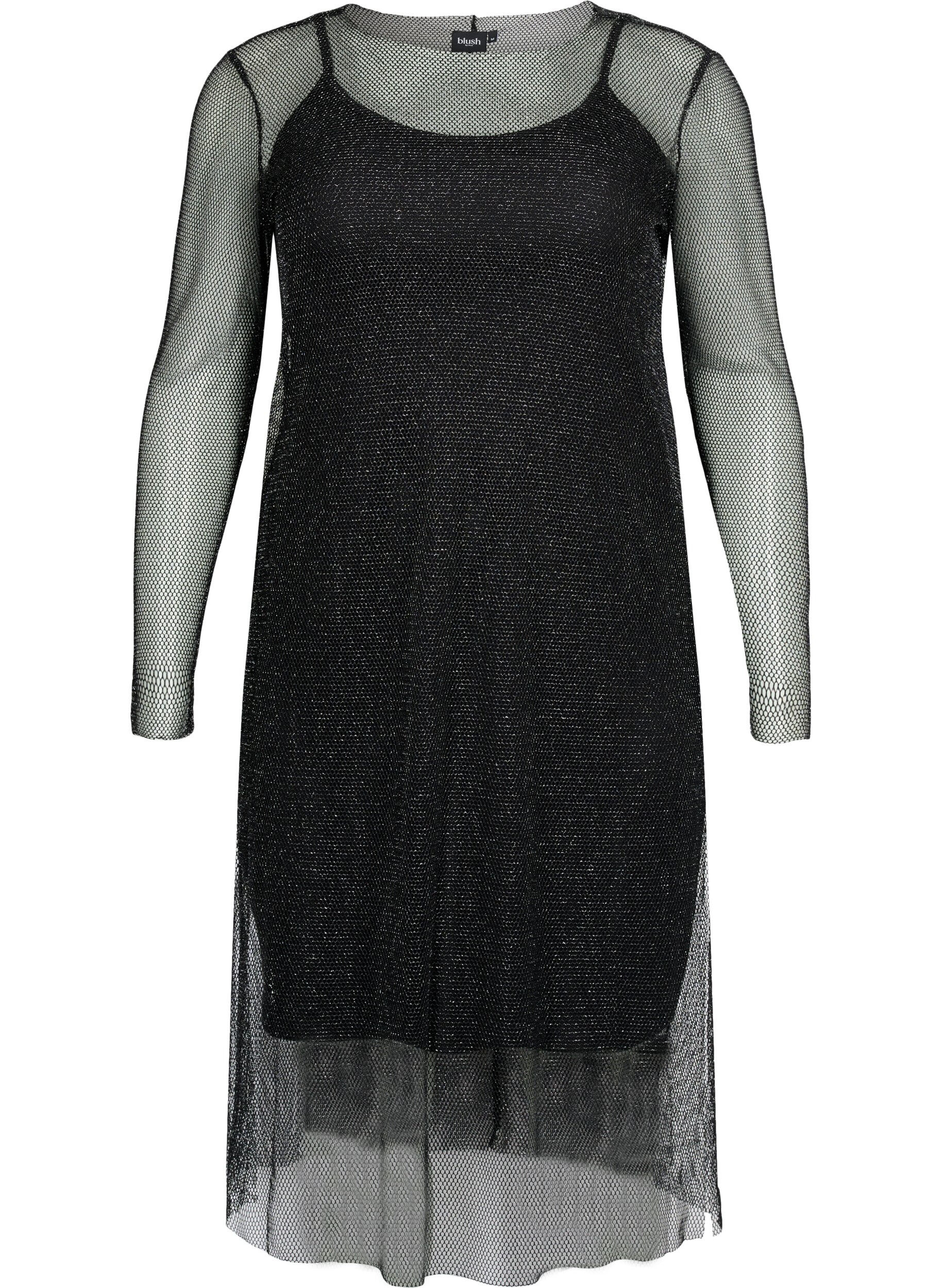 Zizzifashion Net dress with long sleeves, Black w. Silver, Packshot image number 0