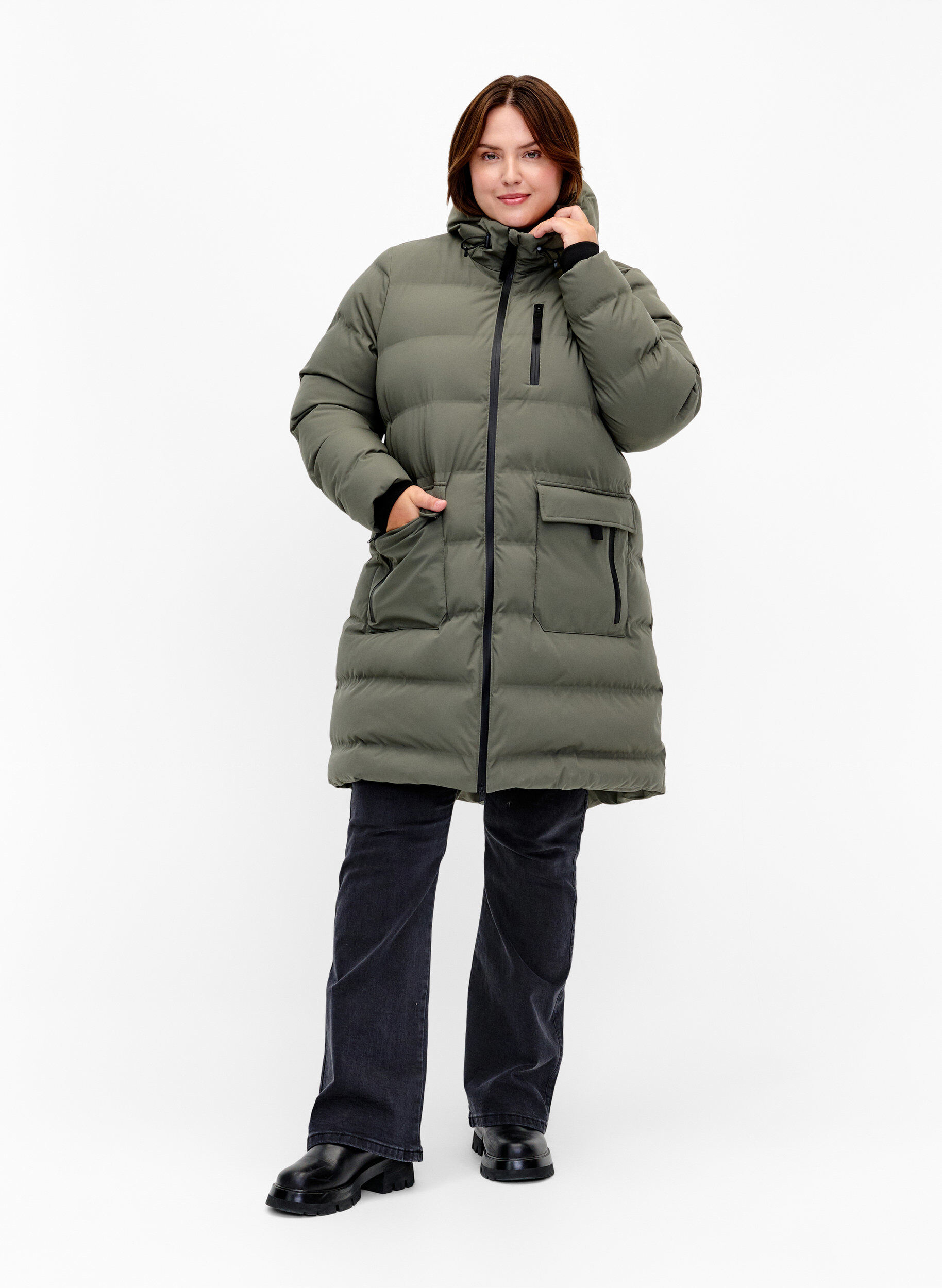 Zizzifashion Puffer coat with hood and pockets, Green, Model image number 1