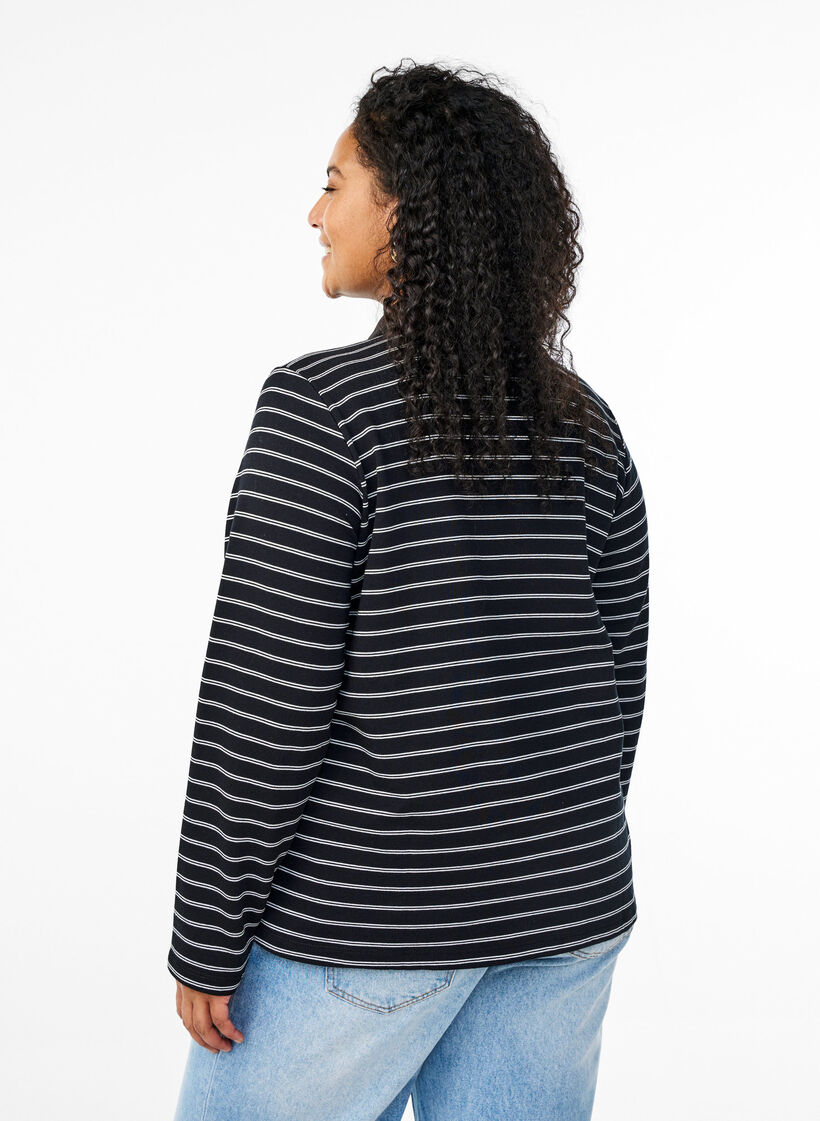 Striped polo shirt with zipper, Black, Model image number 2