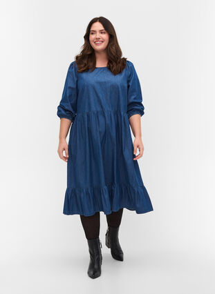Denim dress made of cotton with 3/4 sleeves, Blue, Model image number 2