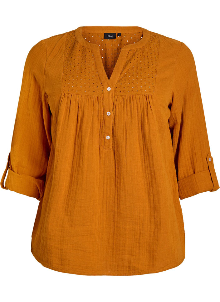 Blouse in cotton muslin with broderie anglaise, Orange, Packshot image number 0