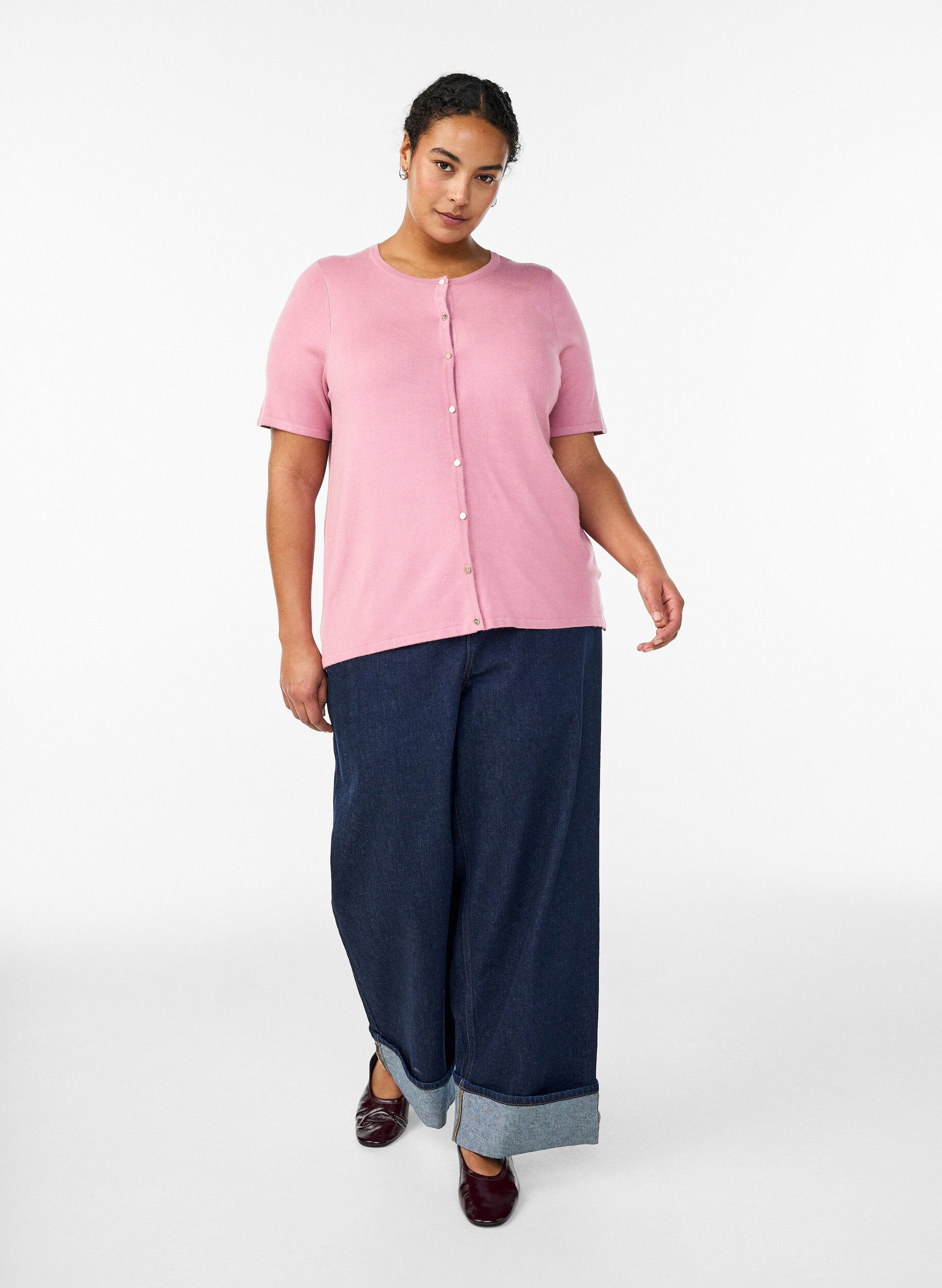 Zizzifashion Short-sleeved knit cardigan in viscose, Rose, Model image number 1