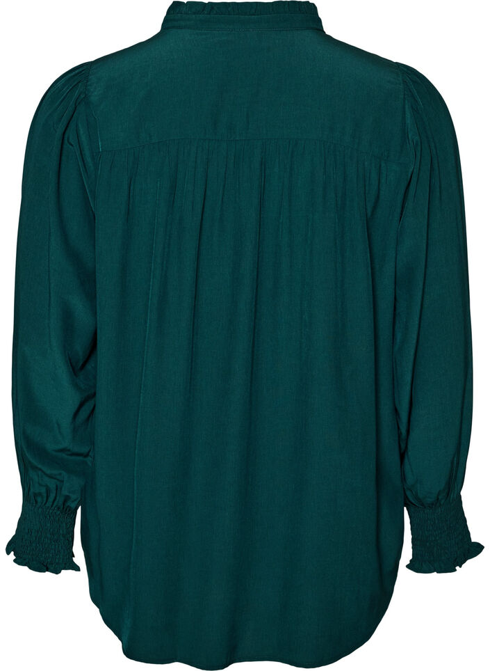 Blouse with ruffle collar and ruching, Green, Packshot image number 1