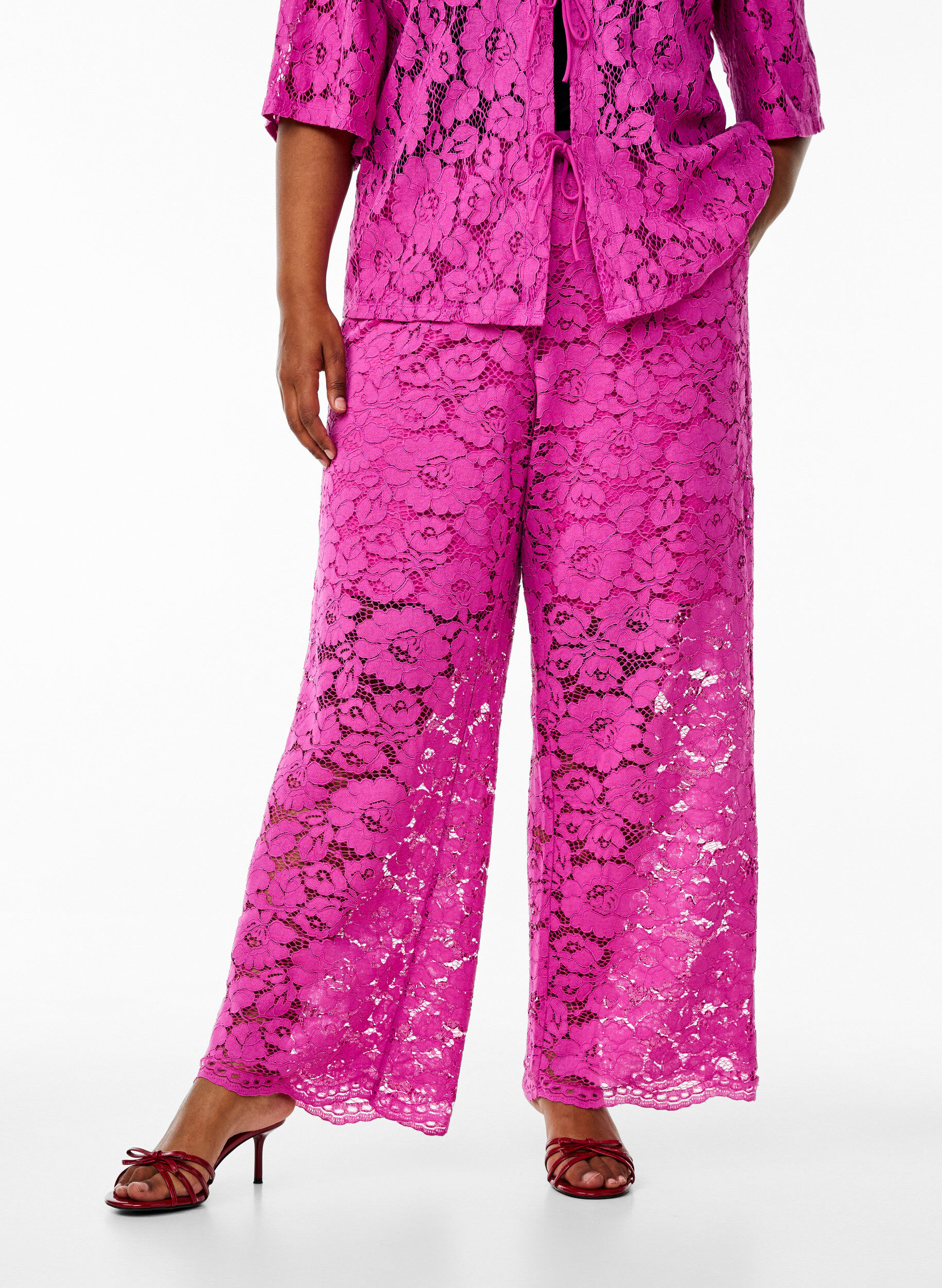 Zizzifashion Lace trousers with a high waist and pockets, Pink, Model image number 2