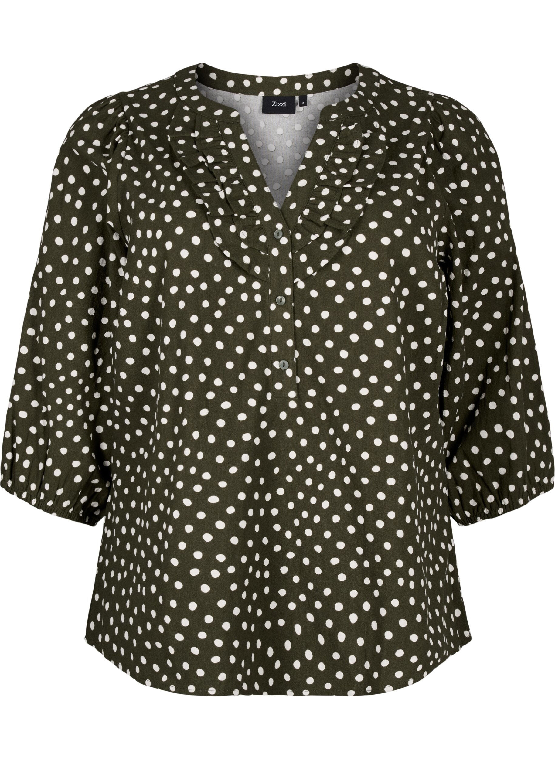 Zizzifashion 3/4 sleeve cotton Blouse with polka dots, Forest Night Dot, Packshot image number 0