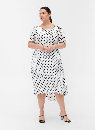 Short-sleeved viscose dress with dots, White w. Black Dot, Model image number 3