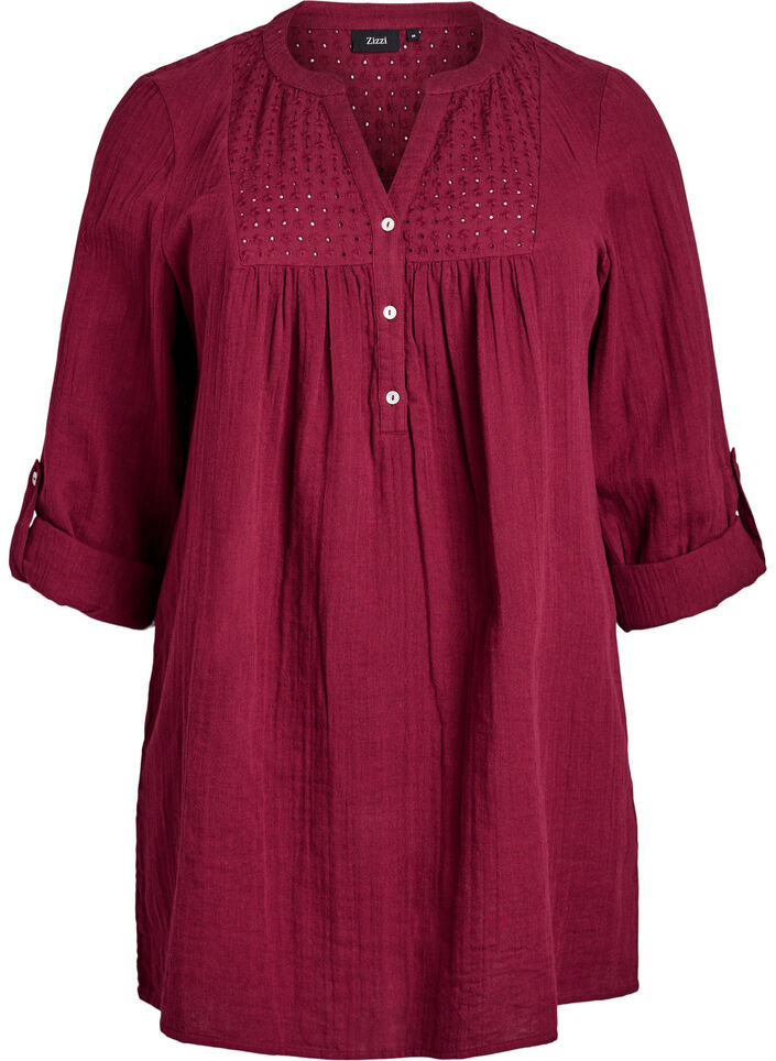 Cotton muslin tunic with broderie anglaise, Dark Bordeaux, Packshot image number 0