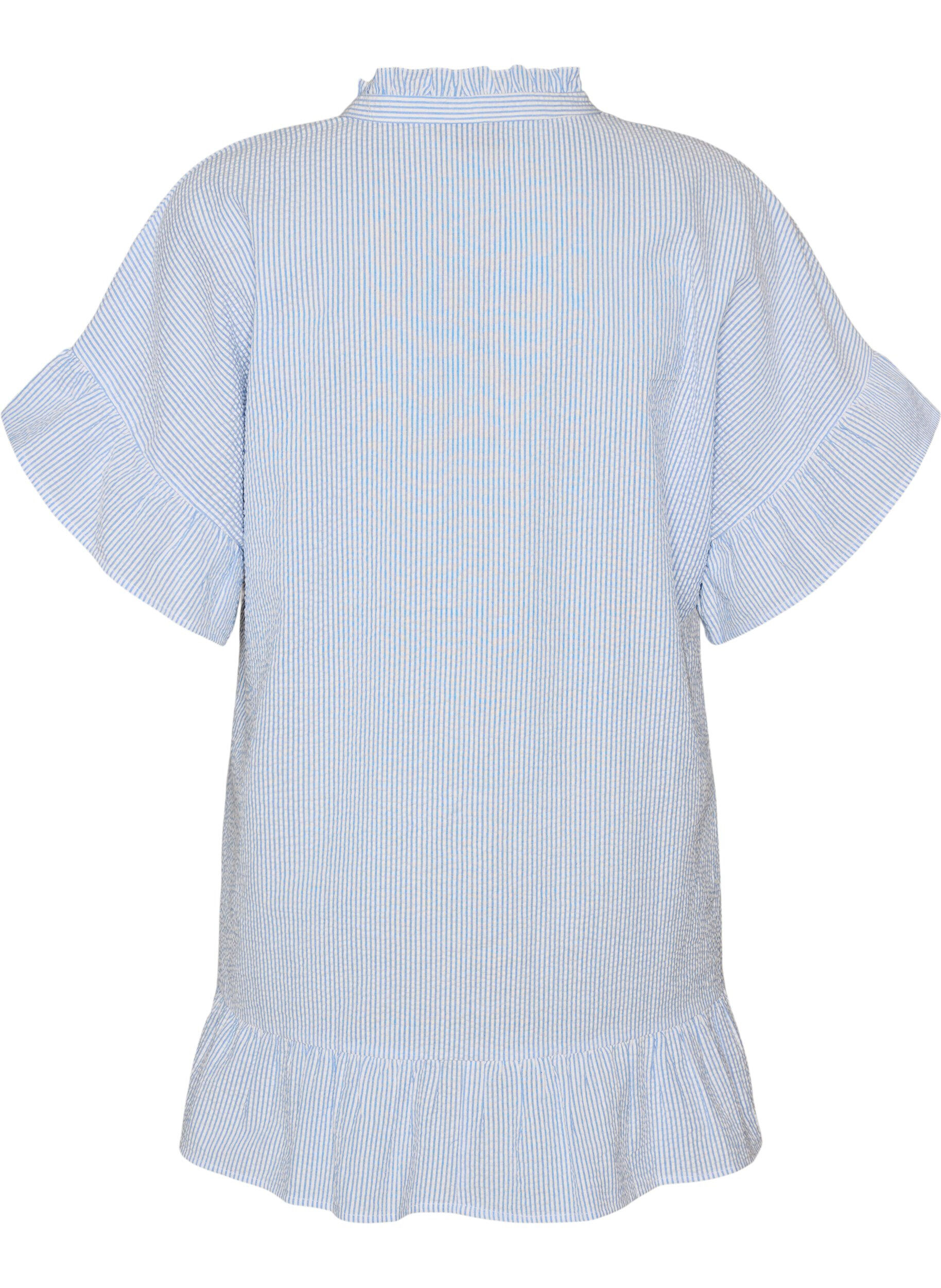 Zizzifashion Cotton tunic with stripes and ruffle details, Light Blue, Packshot image number 1