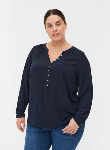 V-neck blouse with button details, Navy Blazer, Model image number 0