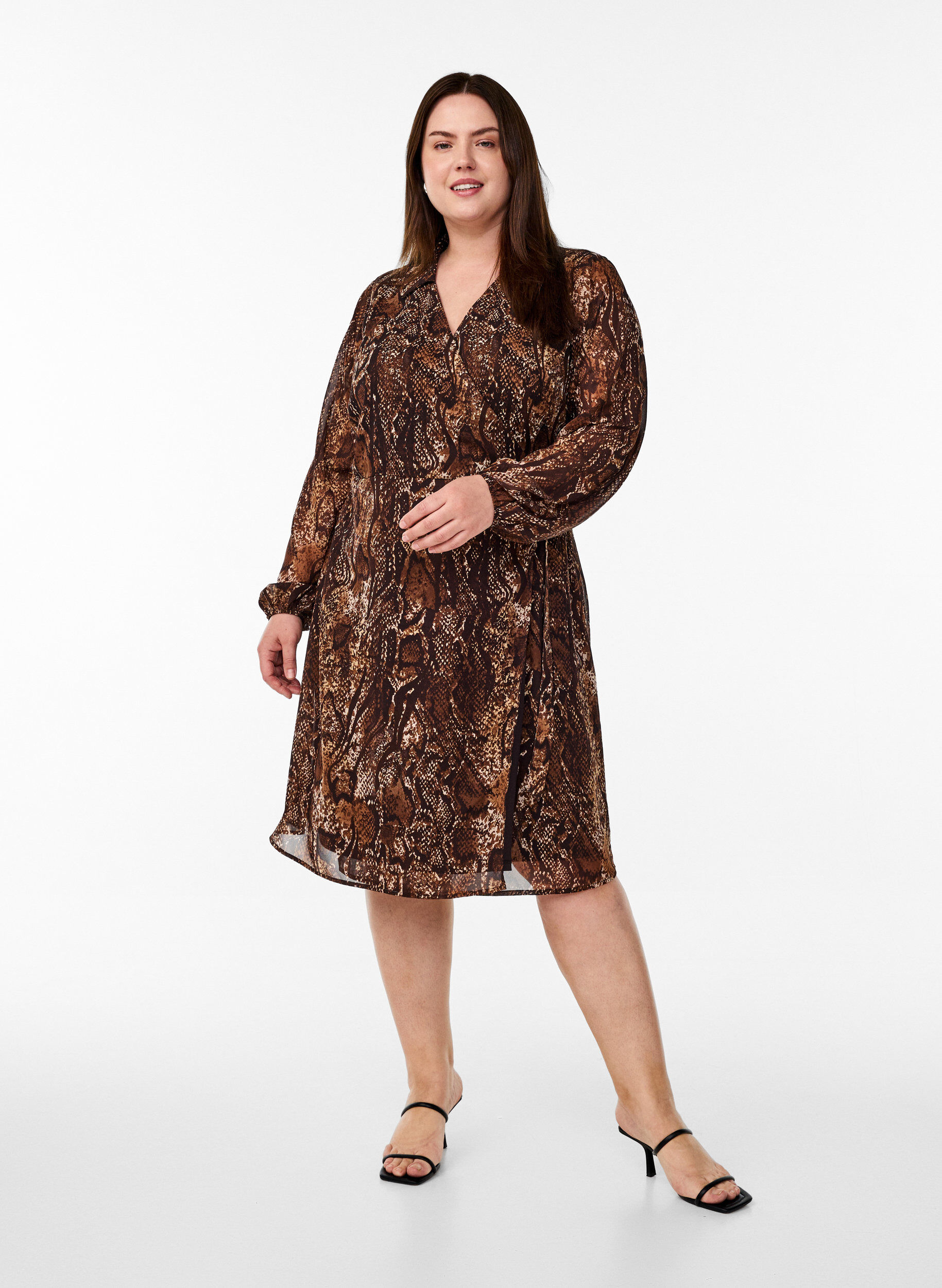 Zizzifashion Knee-length wrap dress with animal print, Brown, Model image number 1