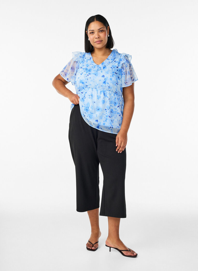 Floral blouse with a frill collar and peplum effect, Blue, Model image number 1