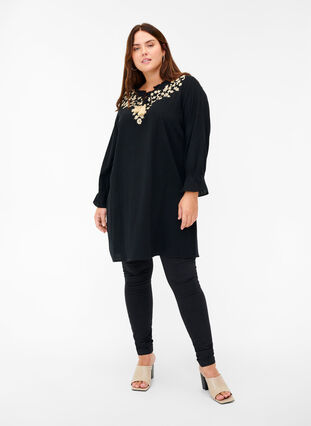 Cotton tunic with embroidery and tie details, Black, Model image number 3