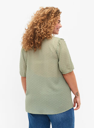Blouse with short sleeves and dotted structure, Seagrass , Model image number 1
