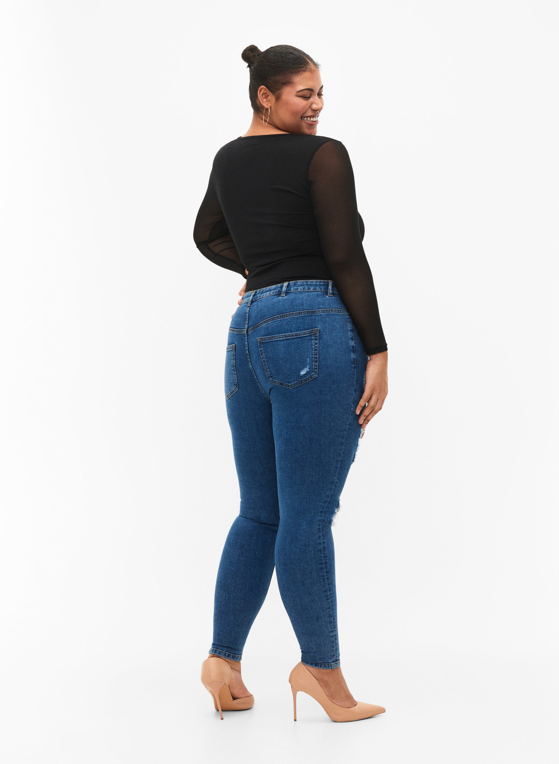Zizzifashion Tight-fitting jeans with rip details, Blue denim, Model image number 1