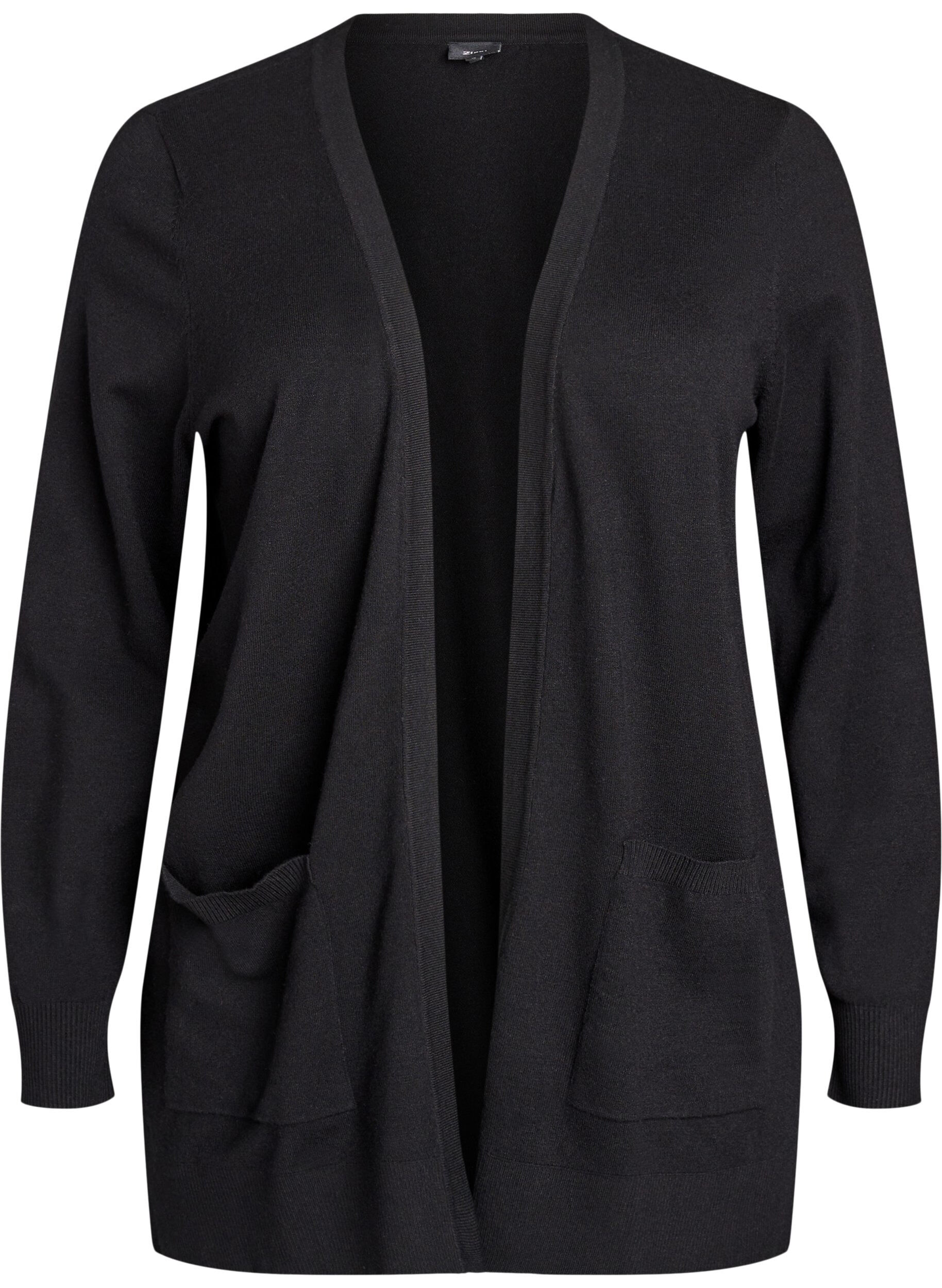 Zizzifashion Long open-front knit cardigan with pockets, Black, Packshot image number 0