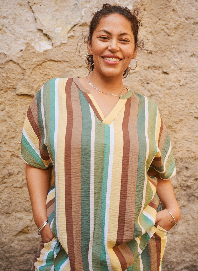 Striped viscose blouse with short sleeves, Brown, Image image number 0