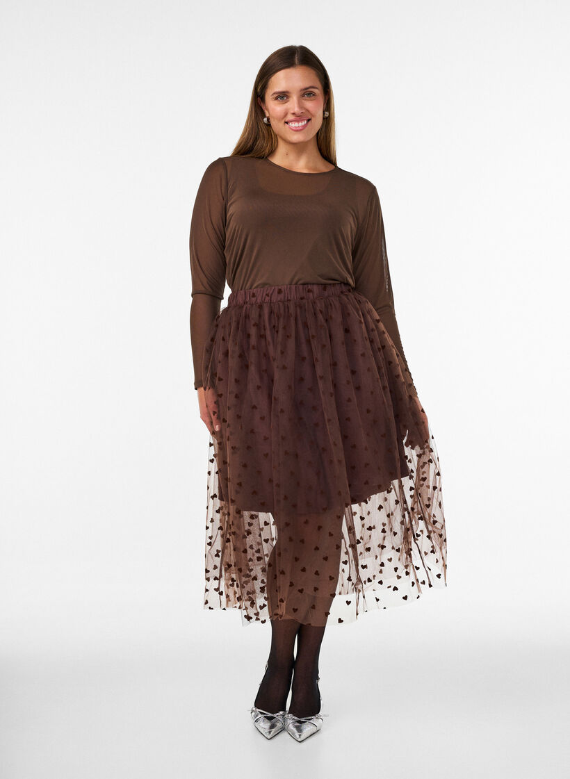 Midi tulle skirt with hearts, Brown, Model image number 1