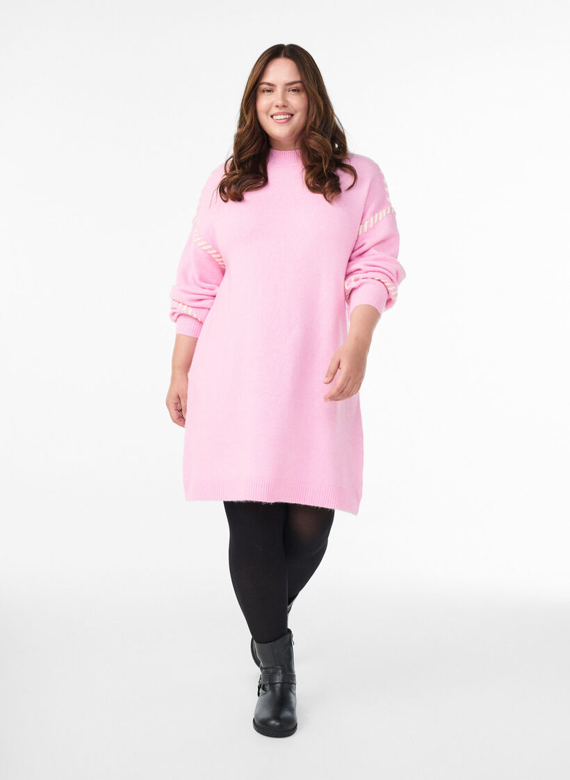Knitted dress with contrast stitching, Pink, Model image number 1
