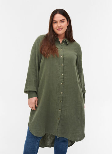 Long cotton shirt with a classic collar, Thyme, Model image number 0