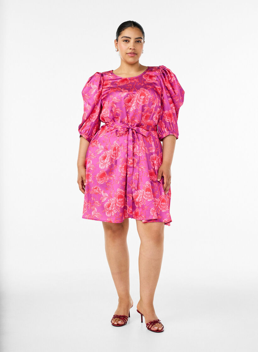 Floral dress with puff sleeves and tie-belt, Pink, Model image number 1