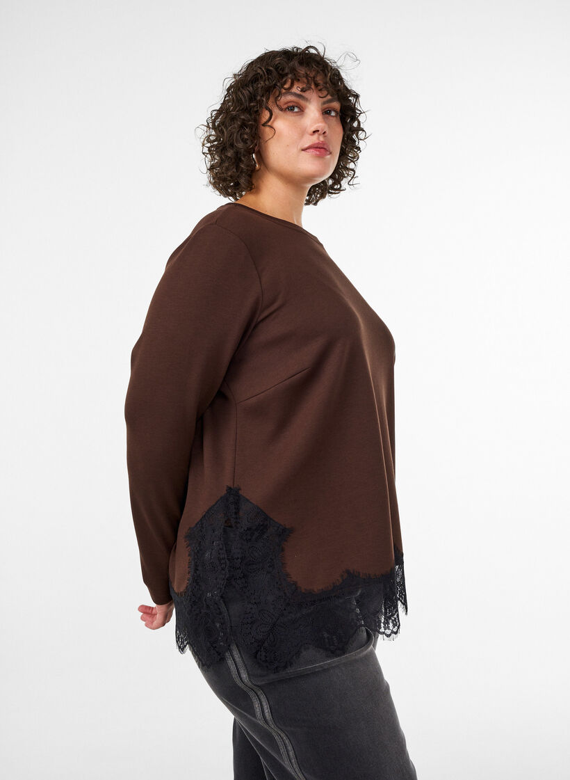 Jersey blouse with lace trim, Brown, Model image number 3