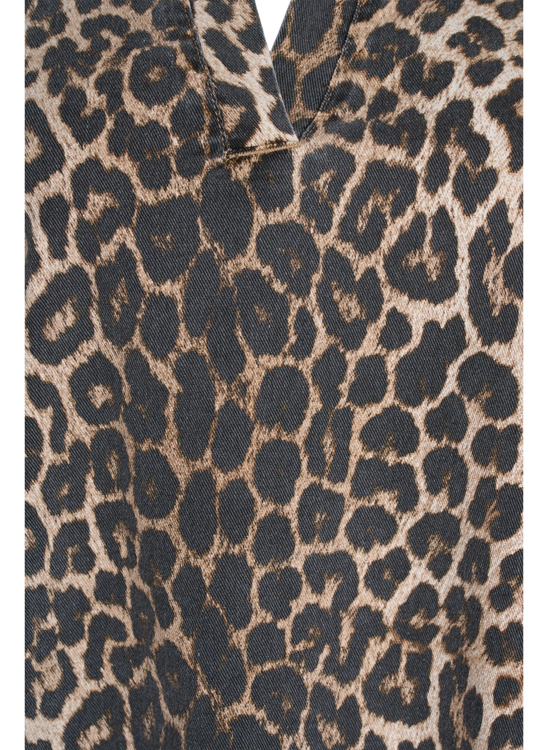Zizzifashion Leopard print denim blouse with collar and half sleeves, Brown, Packshot image number 2