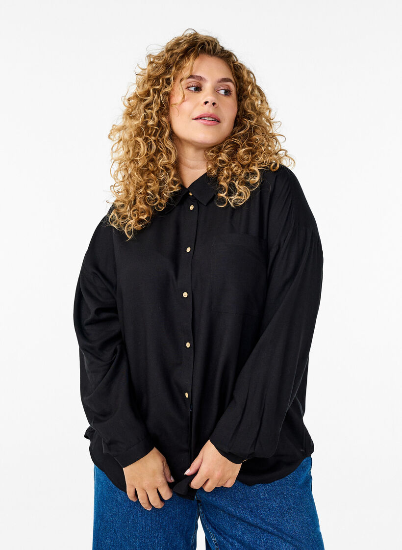 Long-sleeved linen and viscose shirt, Black, Model image number 0