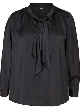 Long-sleeved blouse with a bow detail, Black, Packshot image number 0
