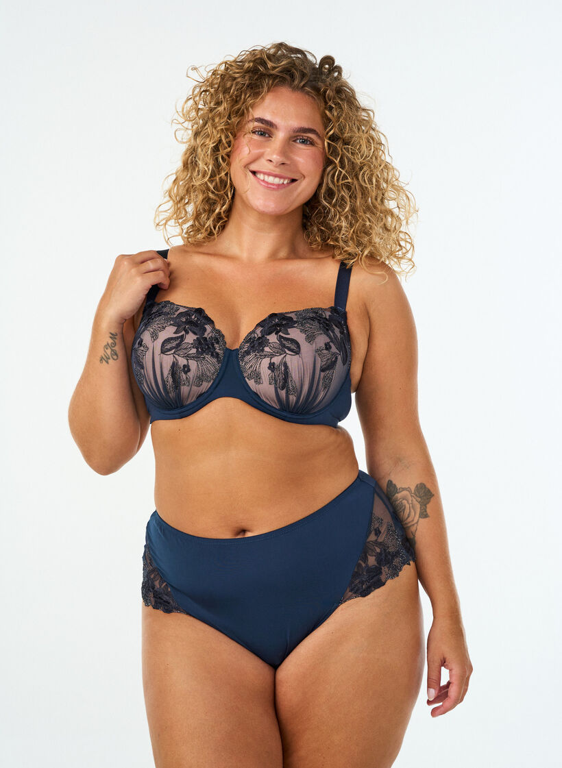 Hipster thong with floral embroidery and regular waist, Blue, Model image number 0