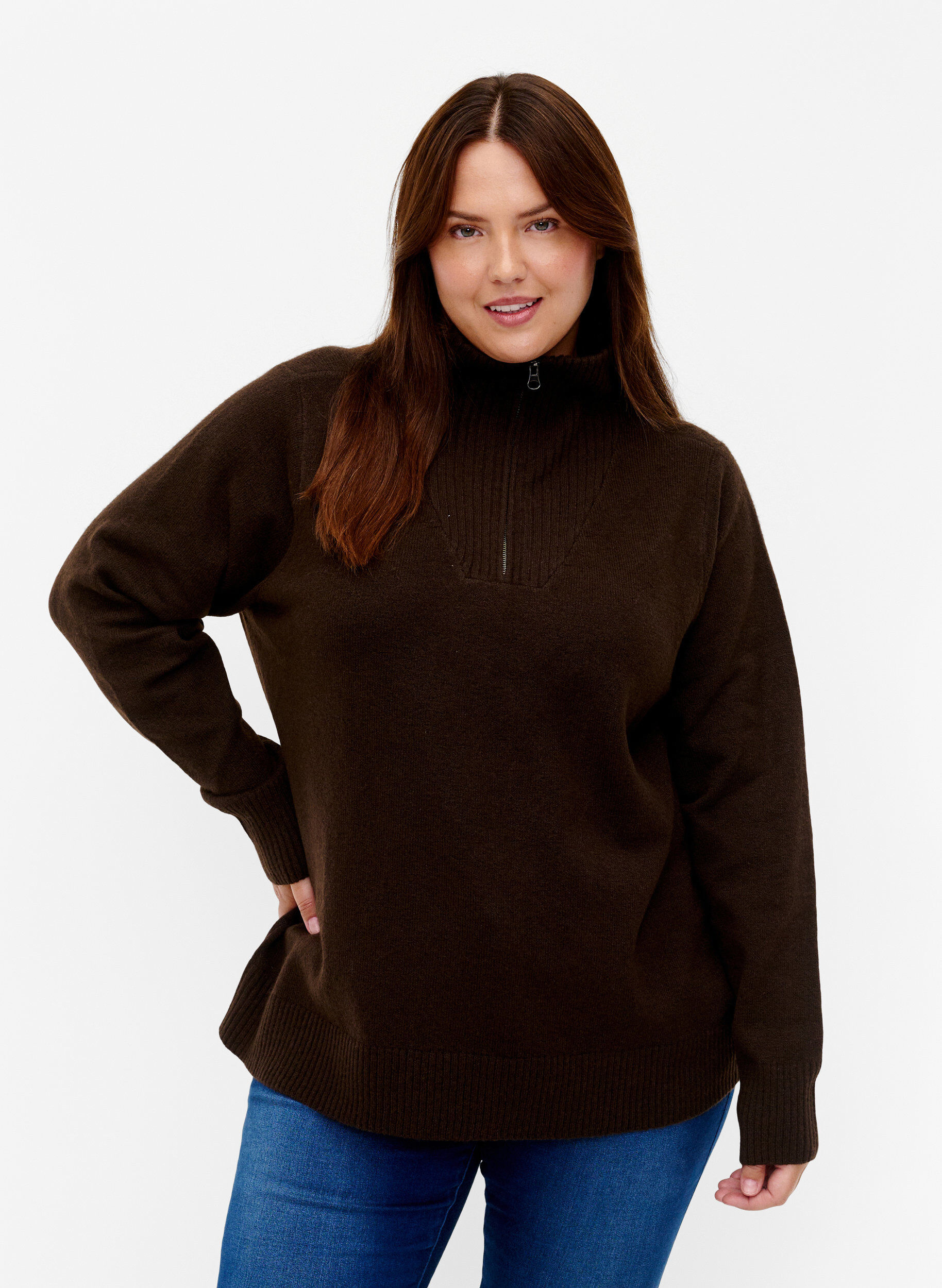 Zizzifashion Knitted sweater with zipper, Demitasse/Black Mel., Model image number 0