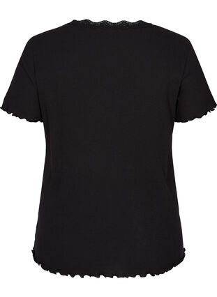Short-sleeved, ribbed t-shirt with lace trim, Black, Packshot image number 1