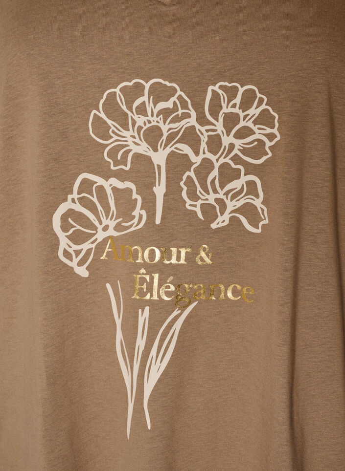 Cotton T-shirt with front print and V-neck, Brown, Packshot image number 2