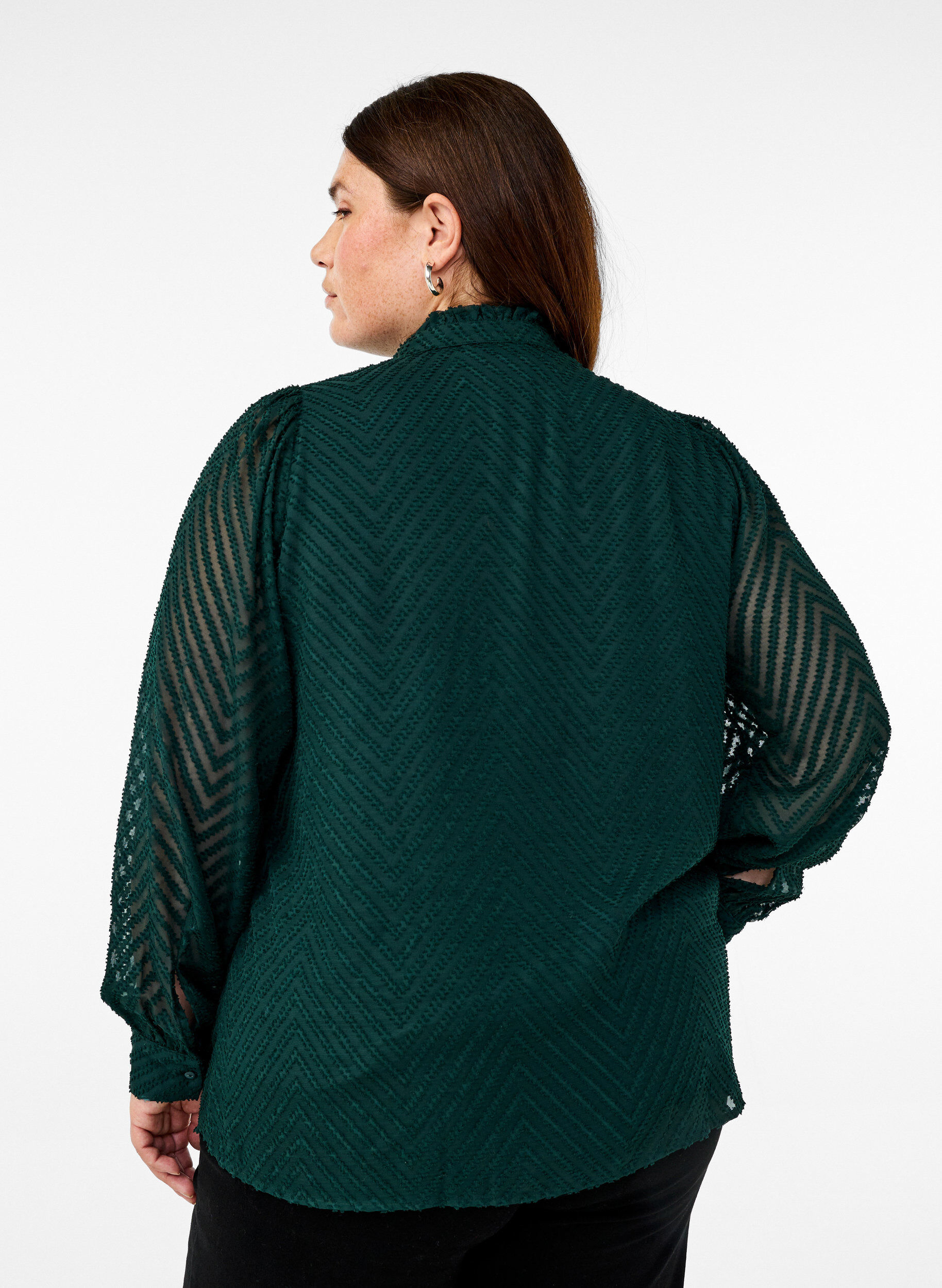 Zizzifashion Shirt with texture and a ruffled collar, Green, Model image number 2