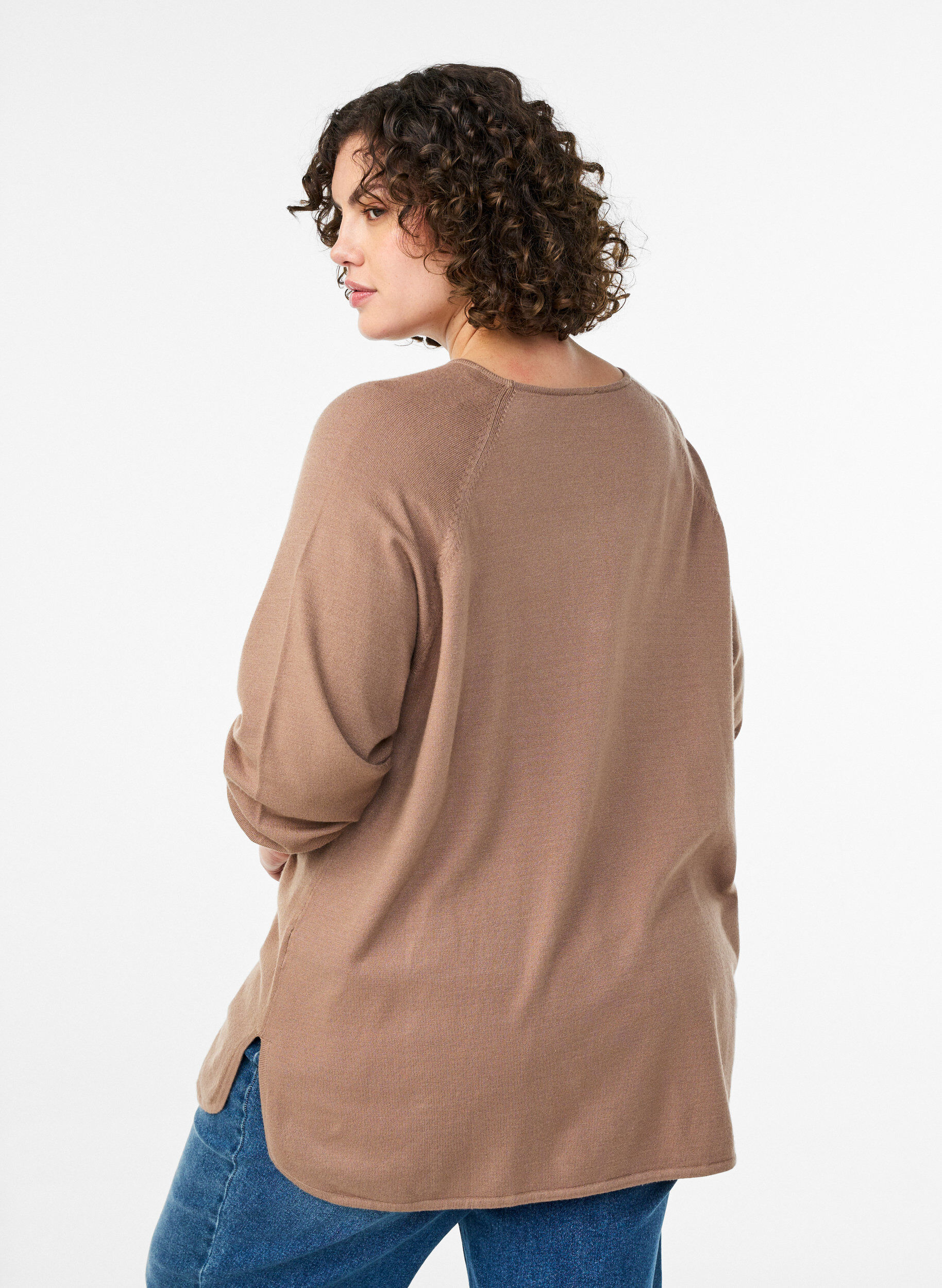 ZizzifashionKnit blouse with round neck and knitted pattern, Brown, Model image number 2