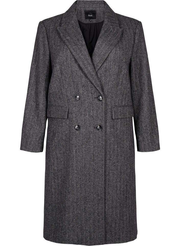 Long wool coat with herringbone pattern, Dark Grey Melange, Packshot image number 0