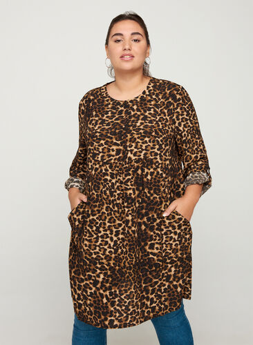 Viscose leopard print tunic with an A-line shape, Raw Umber AOP, Model image number 0