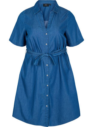 Cotton denim dress with waist belt, Medium Blue, Packshot image number 0