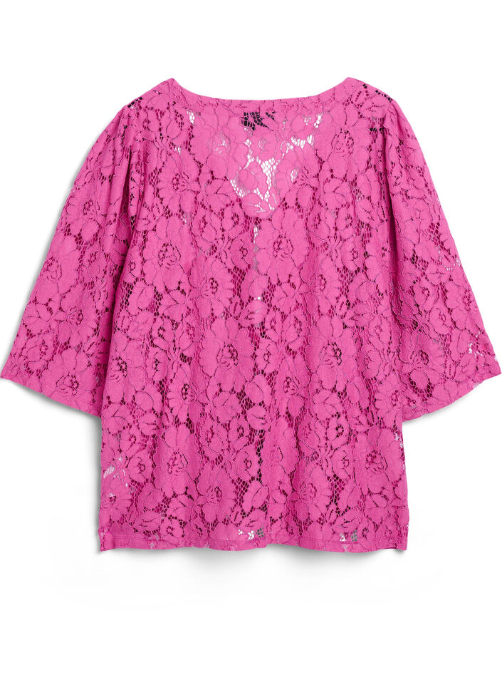 Lace blouse with 3/4 sleeves and bows on the front, Purple, Packshot image number 1