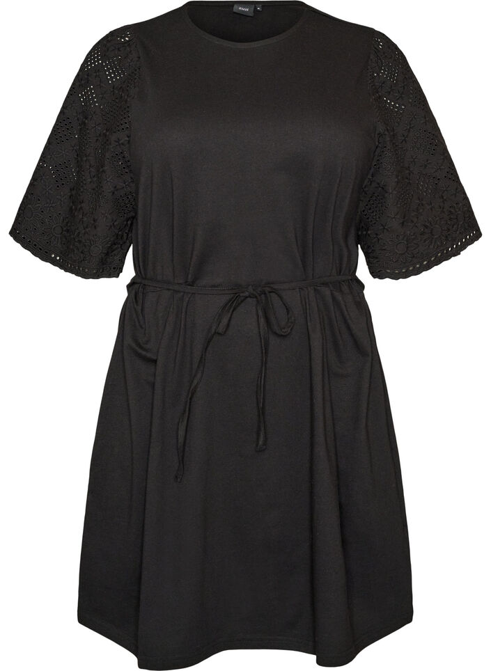 Cotton dress with broderie anglaise sleeves and a tie-waist, Black, Packshot image number 0