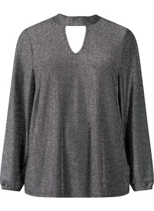 Long-sleeved glitter blouse with round neck and V-detail, Black Silver, Packshot image number 0
